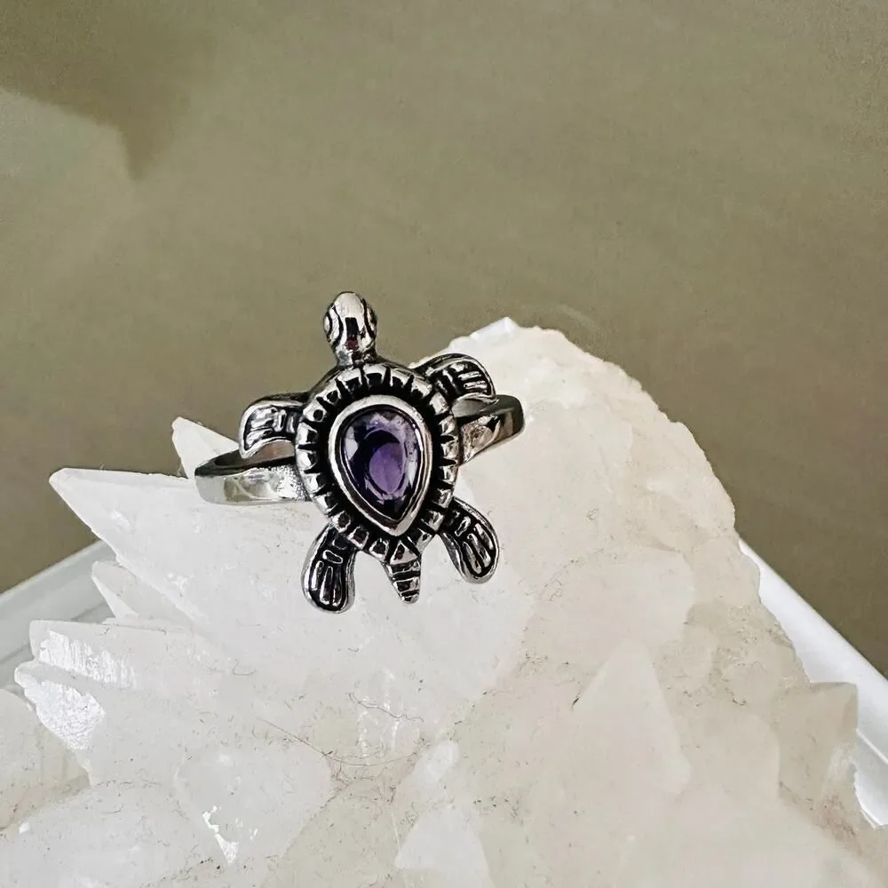 Stainless Steel Turtle Ring With Amethyst CZ